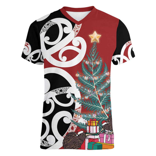 New Zealand Silver Fern Christmas Tree Women V-Neck T-Shirt Meri Kirihimete - Aussie Hoodie