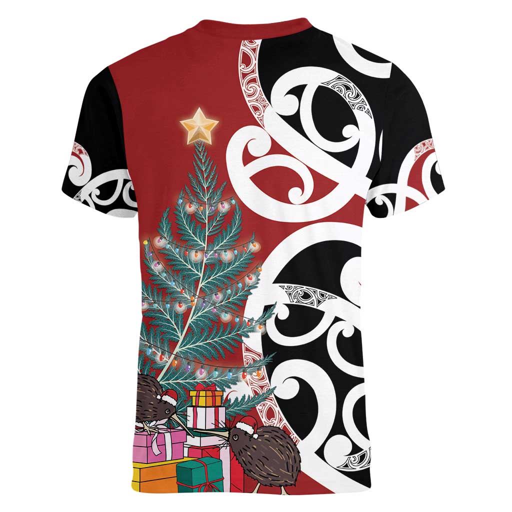 New Zealand Silver Fern Christmas Tree Women V-Neck T-Shirt Meri Kirihimete - Aussie Hoodie