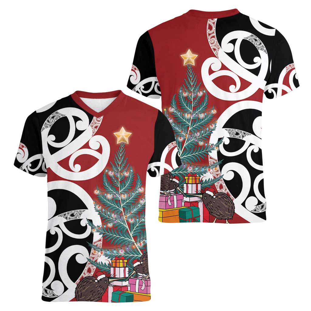 New Zealand Silver Fern Christmas Tree Women V-Neck T-Shirt Meri Kirihimete - Aussie Hoodie
