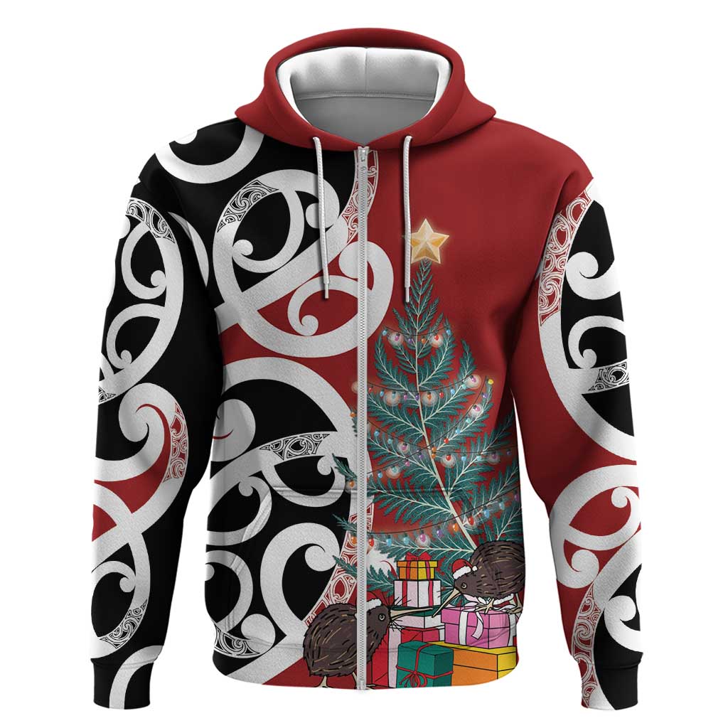 New Zealand Silver Fern Christmas Tree Zip Hoodie Meri Kirihimete - Aussie Hoodie