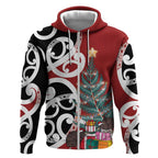 New Zealand Silver Fern Christmas Tree Zip Hoodie Meri Kirihimete - Aussie Hoodie