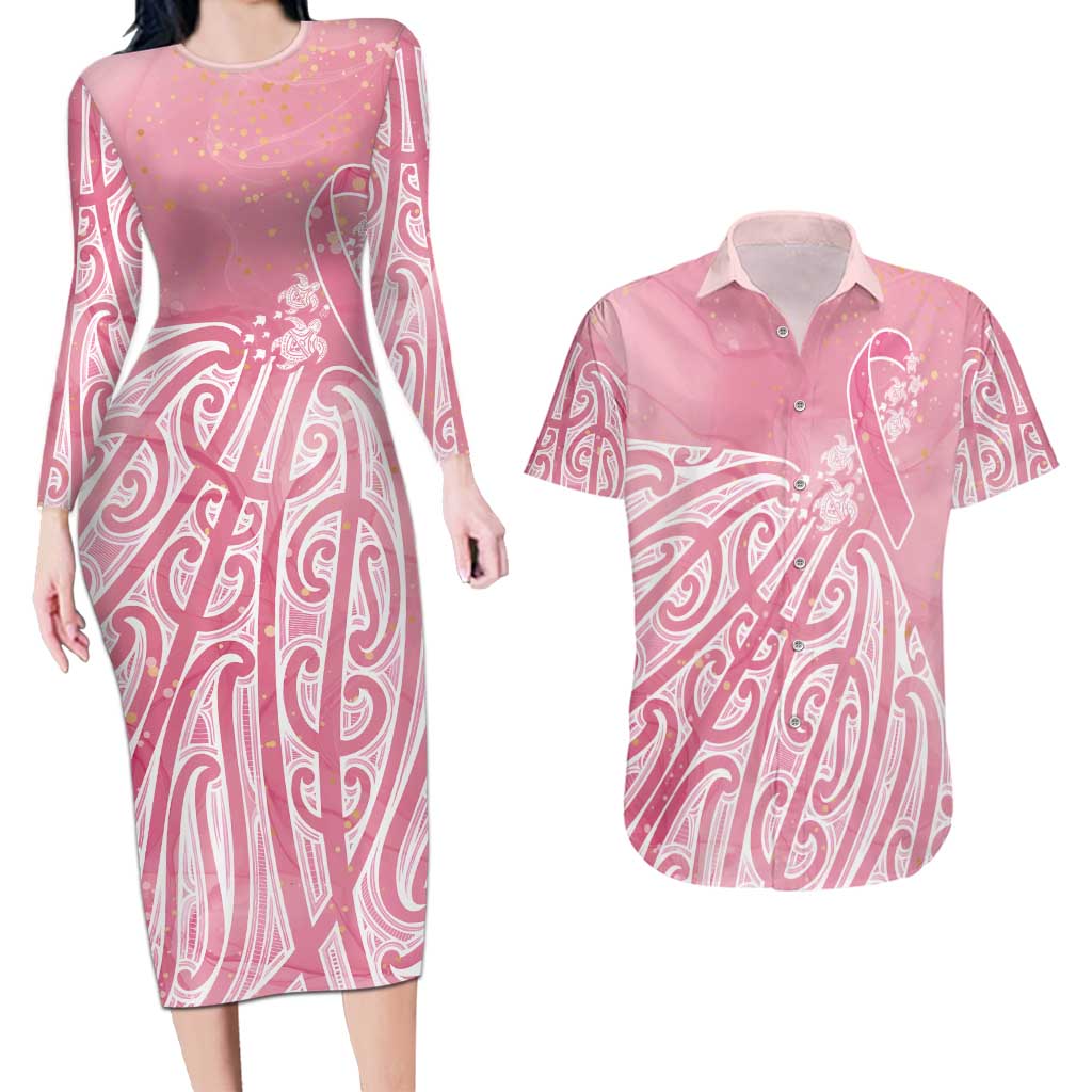 Breast Cancer Awareness Maori Couples Matching Long Sleeve Bodycon Dress and Hawaiian Shirt Kia Kaha Kia Maia Kia Manawanui - Aussie Hoodie