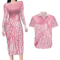 Breast Cancer Awareness Maori Couples Matching Long Sleeve Bodycon Dress and Hawaiian Shirt Kia Kaha Kia Maia Kia Manawanui - Aussie Hoodie
