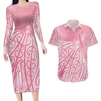 Breast Cancer Awareness Maori Couples Matching Long Sleeve Bodycon Dress and Hawaiian Shirt Kia Kaha Kia Maia Kia Manawanui - Aussie Hoodie