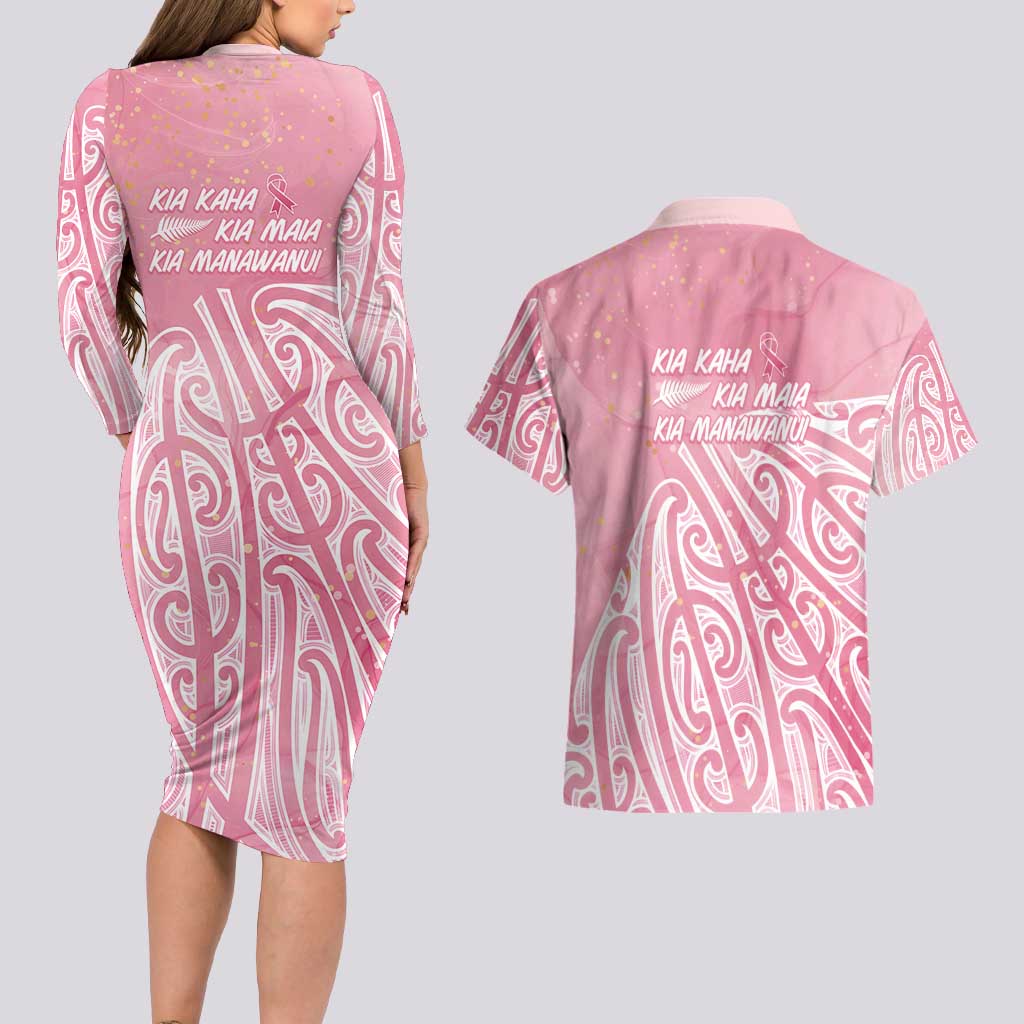Breast Cancer Awareness Maori Couples Matching Long Sleeve Bodycon Dress and Hawaiian Shirt Kia Kaha Kia Maia Kia Manawanui - Aussie Hoodie