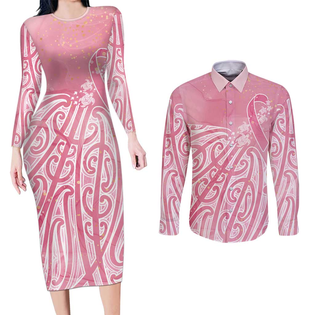 Breast Cancer Awareness Maori Couples Matching Long Sleeve Bodycon Dress and Long Sleeve Button Shirt Kia Kaha Kia Maia Kia Manawanui - Aussie Hoodie