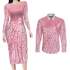 Breast Cancer Awareness Maori Couples Matching Long Sleeve Bodycon Dress and Long Sleeve Button Shirt Kia Kaha Kia Maia Kia Manawanui - Aussie Hoodie