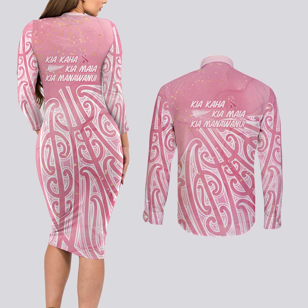 Breast Cancer Awareness Maori Couples Matching Long Sleeve Bodycon Dress and Long Sleeve Button Shirt Kia Kaha Kia Maia Kia Manawanui - Aussie Hoodie
