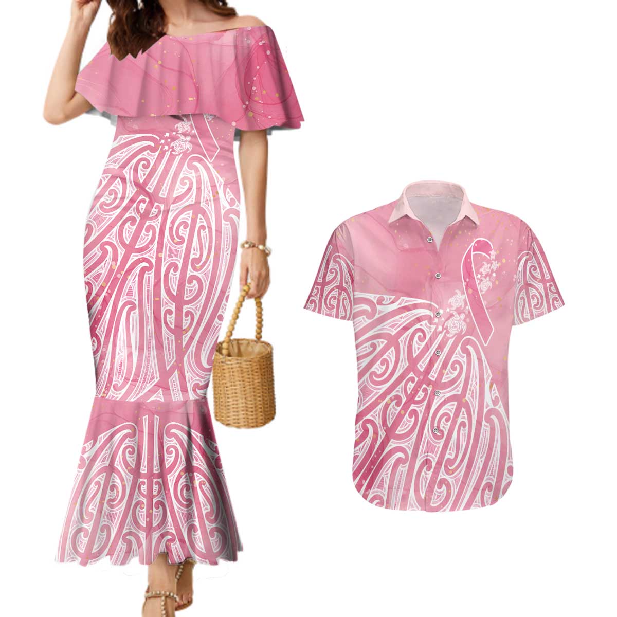 Breast Cancer Awareness Maori Couples Matching Mermaid Dress and Hawaiian Shirt Kia Kaha Kia Maia Kia Manawanui - Aussie Hoodie