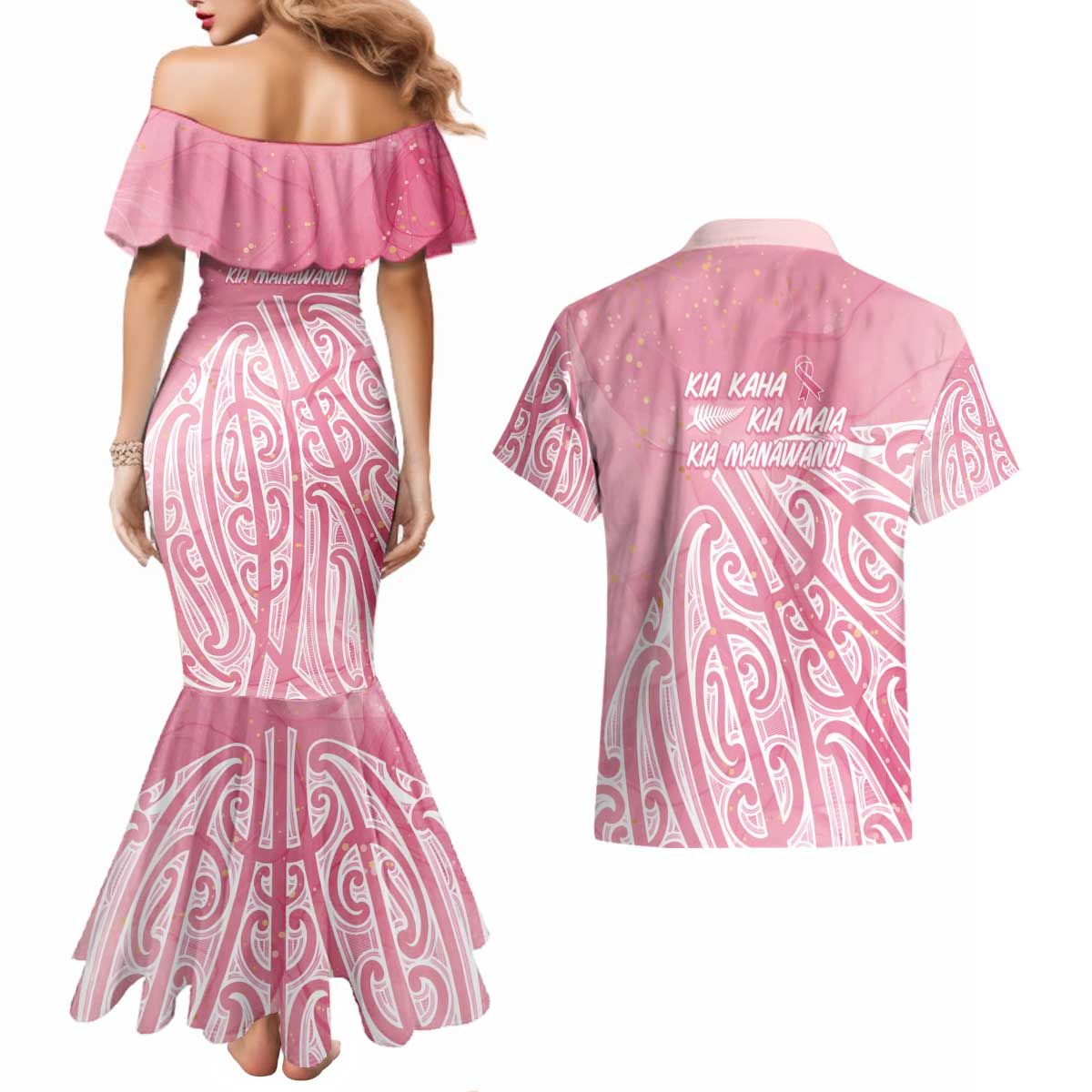 Breast Cancer Awareness Maori Couples Matching Mermaid Dress and Hawaiian Shirt Kia Kaha Kia Maia Kia Manawanui - Aussie Hoodie