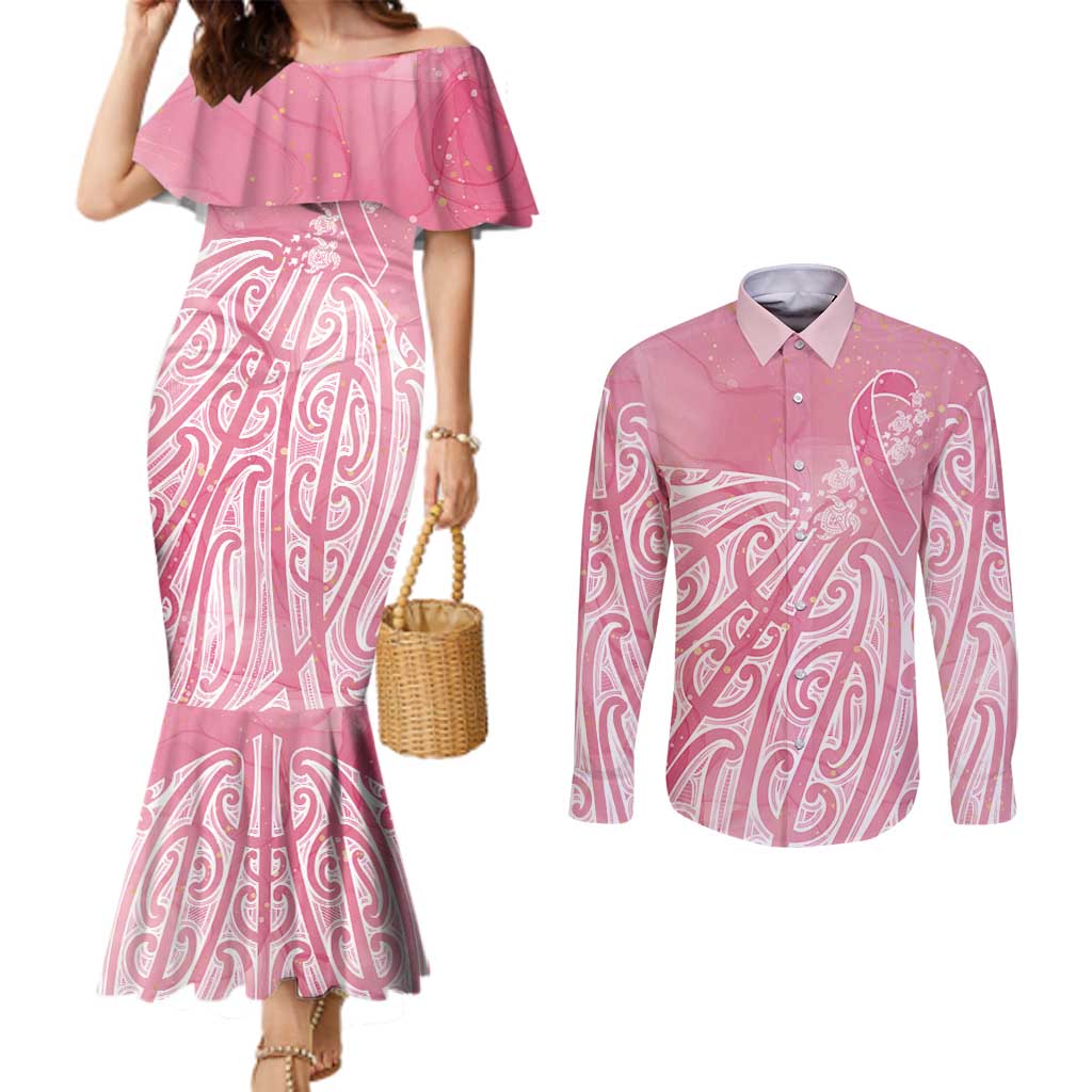 Breast Cancer Awareness Maori Couples Matching Mermaid Dress and Long Sleeve Button Shirt Kia Kaha Kia Maia Kia Manawanui - Aussie Hoodie