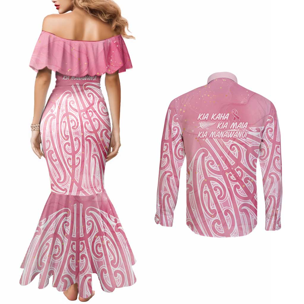 Breast Cancer Awareness Maori Couples Matching Mermaid Dress and Long Sleeve Button Shirt Kia Kaha Kia Maia Kia Manawanui - Aussie Hoodie