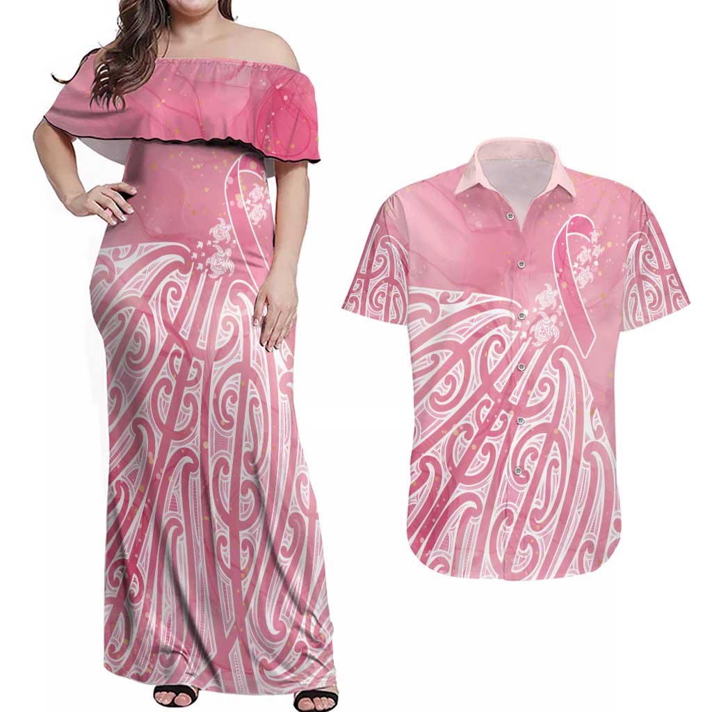 Breast Cancer Awareness Maori Couples Matching Off Shoulder Maxi Dress and Hawaiian Shirt Kia Kaha Kia Maia Kia Manawanui - Aussie Hoodie