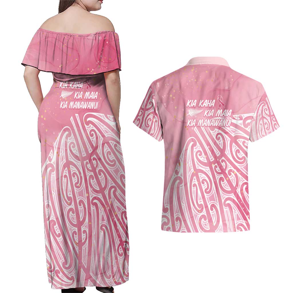 Breast Cancer Awareness Maori Couples Matching Off Shoulder Maxi Dress and Hawaiian Shirt Kia Kaha Kia Maia Kia Manawanui - Aussie Hoodie