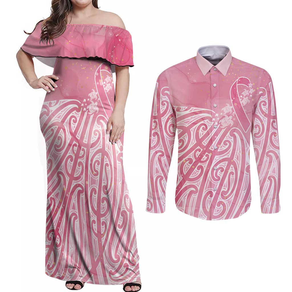 Breast Cancer Awareness Maori Couples Matching Off Shoulder Maxi Dress and Long Sleeve Button Shirt Kia Kaha Kia Maia Kia Manawanui - Aussie Hoodie