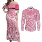 Breast Cancer Awareness Maori Couples Matching Off Shoulder Maxi Dress and Long Sleeve Button Shirt Kia Kaha Kia Maia Kia Manawanui - Aussie Hoodie