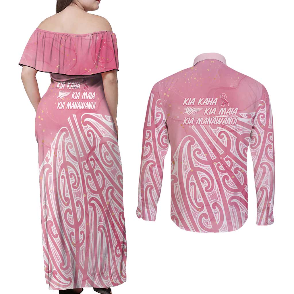 Breast Cancer Awareness Maori Couples Matching Off Shoulder Maxi Dress and Long Sleeve Button Shirt Kia Kaha Kia Maia Kia Manawanui - Aussie Hoodie