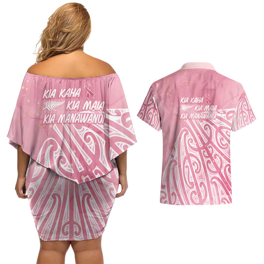 Breast Cancer Awareness Maori Couples Matching Off Shoulder Short Dress and Hawaiian Shirt Kia Kaha Kia Maia Kia Manawanui - Aussie Hoodie