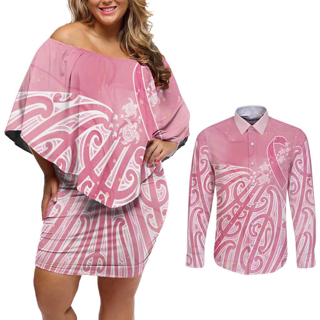 Breast Cancer Awareness Maori Couples Matching Off Shoulder Short Dress and Long Sleeve Button Shirt Kia Kaha Kia Maia Kia Manawanui - Aussie Hoodie
