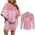 Breast Cancer Awareness Maori Couples Matching Off Shoulder Short Dress and Long Sleeve Button Shirt Kia Kaha Kia Maia Kia Manawanui - Aussie Hoodie