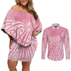 Breast Cancer Awareness Maori Couples Matching Off Shoulder Short Dress and Long Sleeve Button Shirt Kia Kaha Kia Maia Kia Manawanui - Aussie Hoodie
