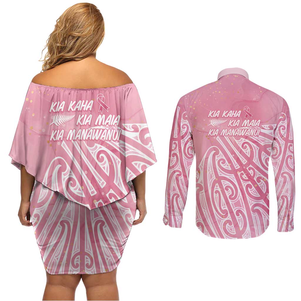 Breast Cancer Awareness Maori Couples Matching Off Shoulder Short Dress and Long Sleeve Button Shirt Kia Kaha Kia Maia Kia Manawanui - Aussie Hoodie