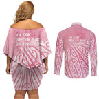Breast Cancer Awareness Maori Couples Matching Off Shoulder Short Dress and Long Sleeve Button Shirt Kia Kaha Kia Maia Kia Manawanui - Aussie Hoodie