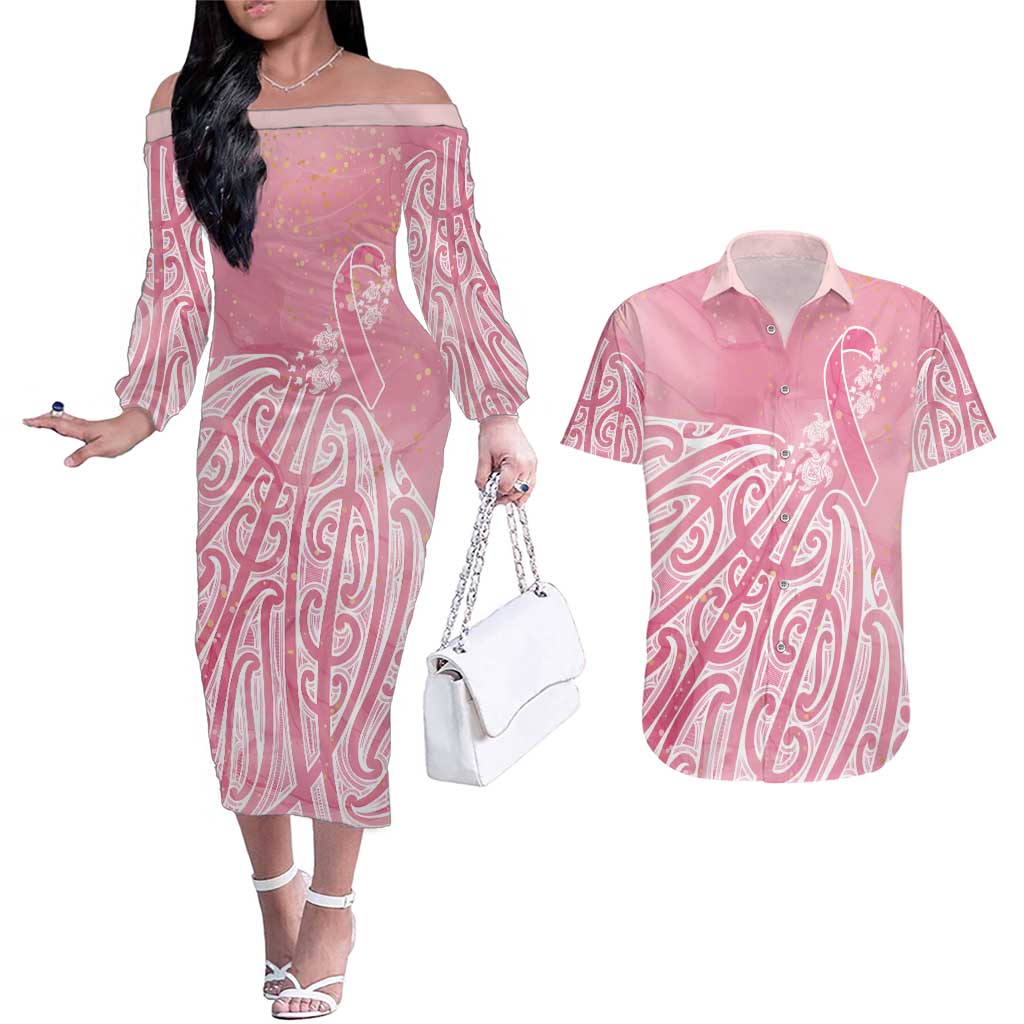 Breast Cancer Awareness Maori Couples Matching Off The Shoulder Long Sleeve Dress and Hawaiian Shirt Kia Kaha Kia Maia Kia Manawanui - Aussie Hoodie