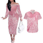 Breast Cancer Awareness Maori Couples Matching Off The Shoulder Long Sleeve Dress and Hawaiian Shirt Kia Kaha Kia Maia Kia Manawanui - Aussie Hoodie