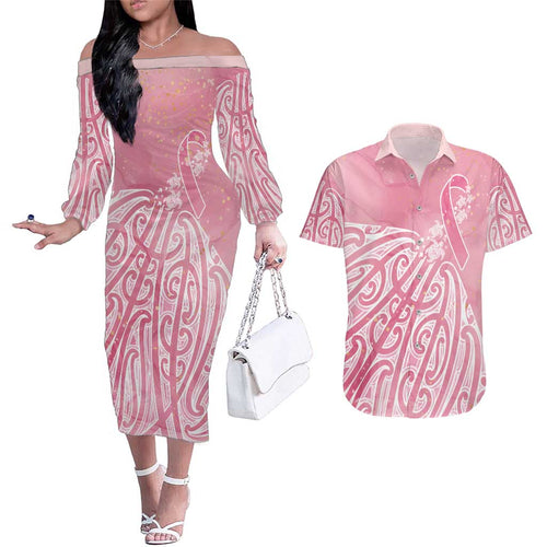 Breast Cancer Awareness Maori Couples Matching Off The Shoulder Long Sleeve Dress and Hawaiian Shirt Kia Kaha Kia Maia Kia Manawanui - Aussie Hoodie