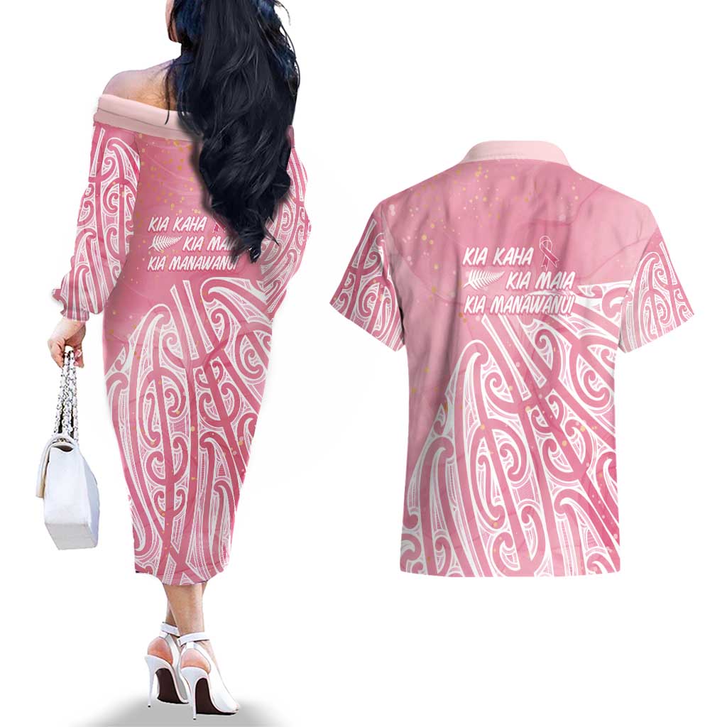 Breast Cancer Awareness Maori Couples Matching Off The Shoulder Long Sleeve Dress and Hawaiian Shirt Kia Kaha Kia Maia Kia Manawanui - Aussie Hoodie