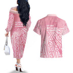 Breast Cancer Awareness Maori Couples Matching Off The Shoulder Long Sleeve Dress and Hawaiian Shirt Kia Kaha Kia Maia Kia Manawanui - Aussie Hoodie
