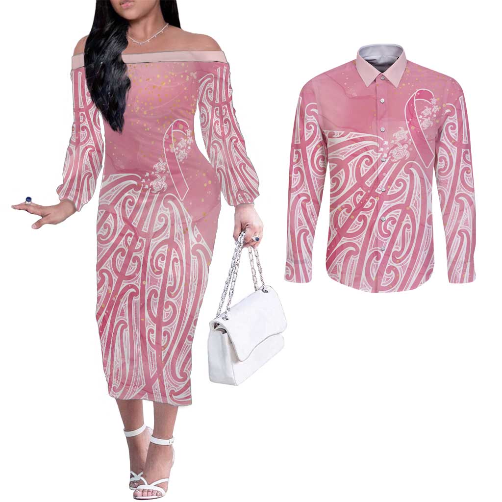 Breast Cancer Awareness Maori Couples Matching Off The Shoulder Long Sleeve Dress and Long Sleeve Button Shirt Kia Kaha Kia Maia Kia Manawanui - Aussie Hoodie