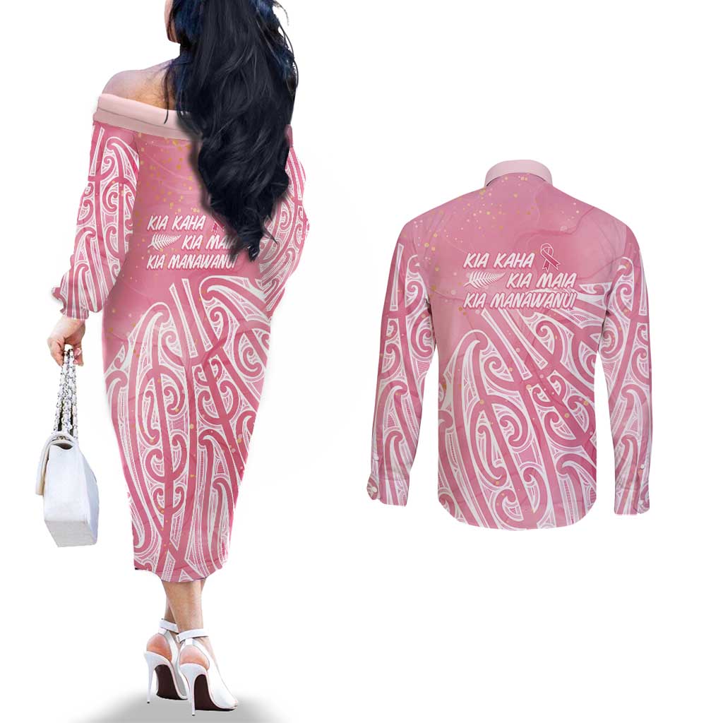 Breast Cancer Awareness Maori Couples Matching Off The Shoulder Long Sleeve Dress and Long Sleeve Button Shirt Kia Kaha Kia Maia Kia Manawanui - Aussie Hoodie
