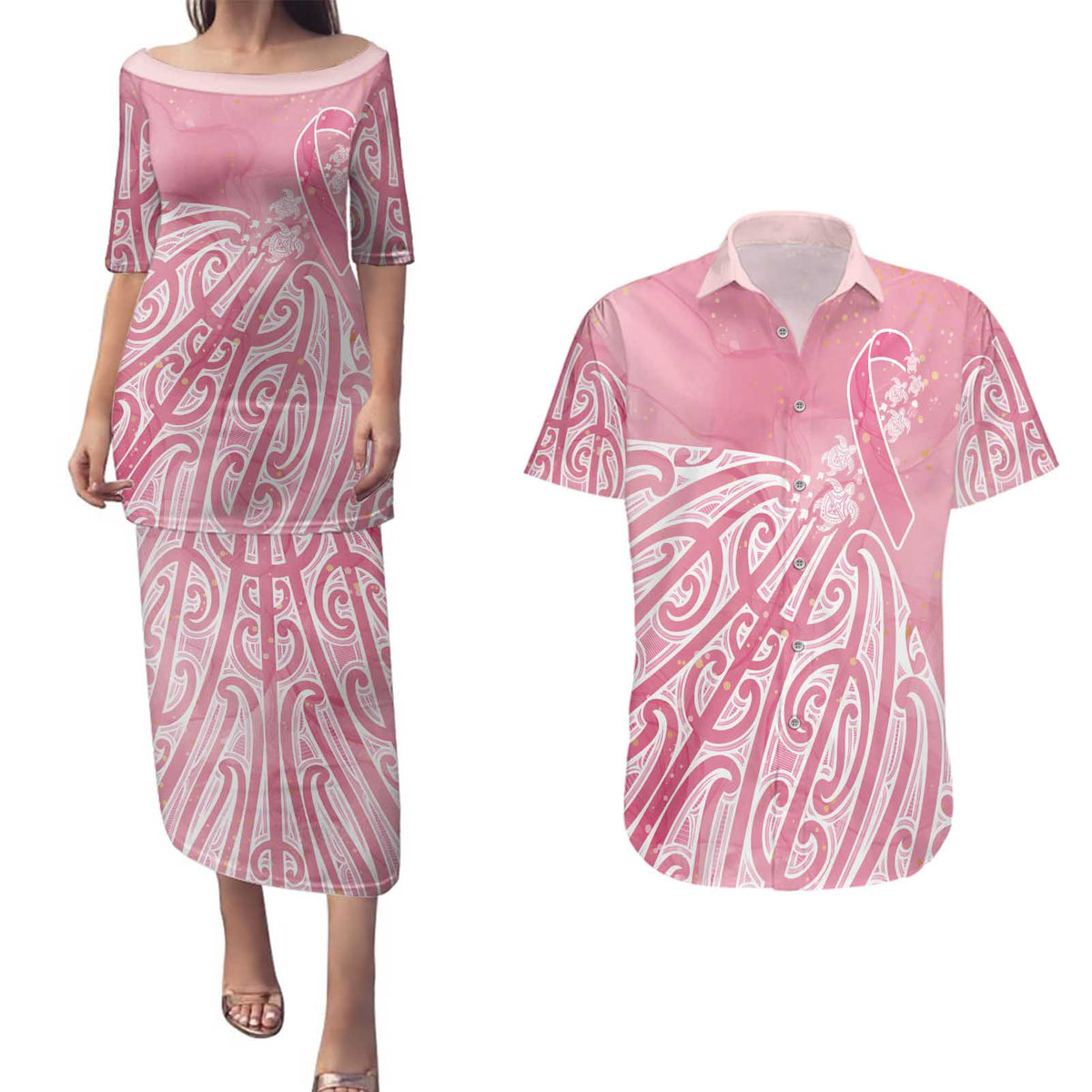 Breast Cancer Awareness Maori Couples Matching Puletasi and Hawaiian Shirt Kia Kaha Kia Maia Kia Manawanui - Aussie Hoodie