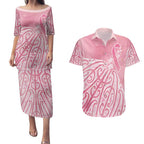 Breast Cancer Awareness Maori Couples Matching Puletasi and Hawaiian Shirt Kia Kaha Kia Maia Kia Manawanui - Aussie Hoodie
