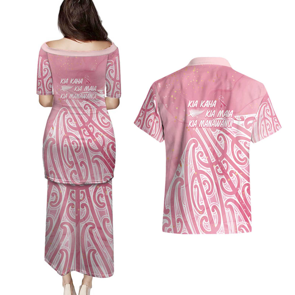 Breast Cancer Awareness Maori Couples Matching Puletasi and Hawaiian Shirt Kia Kaha Kia Maia Kia Manawanui - Aussie Hoodie
