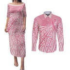 Breast Cancer Awareness Maori Couples Matching Puletasi and Long Sleeve Button Shirt Kia Kaha Kia Maia Kia Manawanui - Aussie Hoodie