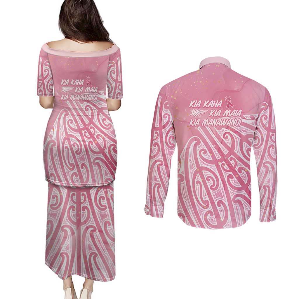 Breast Cancer Awareness Maori Couples Matching Puletasi and Long Sleeve Button Shirt Kia Kaha Kia Maia Kia Manawanui - Aussie Hoodie
