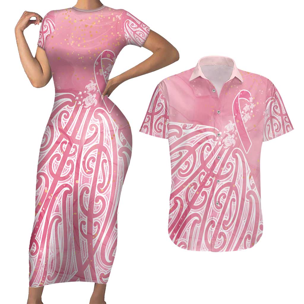 Breast Cancer Awareness Maori Couples Matching Short Sleeve Bodycon Dress and Hawaiian Shirt Kia Kaha Kia Maia Kia Manawanui - Aussie Hoodie
