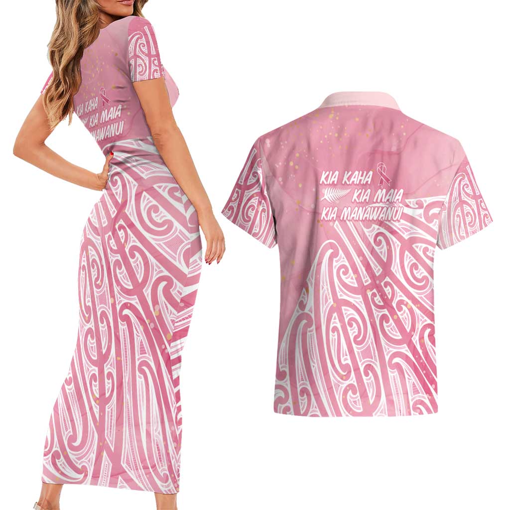 Breast Cancer Awareness Maori Couples Matching Short Sleeve Bodycon Dress and Hawaiian Shirt Kia Kaha Kia Maia Kia Manawanui - Aussie Hoodie