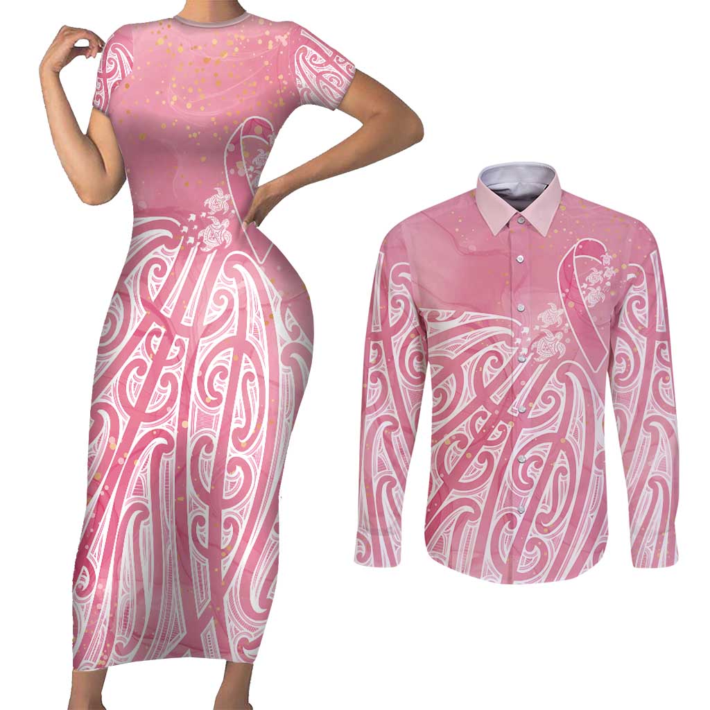 Breast Cancer Awareness Maori Couples Matching Short Sleeve Bodycon Dress and Long Sleeve Button Shirt Kia Kaha Kia Maia Kia Manawanui - Aussie Hoodie