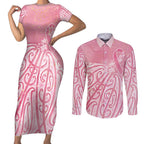 Breast Cancer Awareness Maori Couples Matching Short Sleeve Bodycon Dress and Long Sleeve Button Shirt Kia Kaha Kia Maia Kia Manawanui - Aussie Hoodie