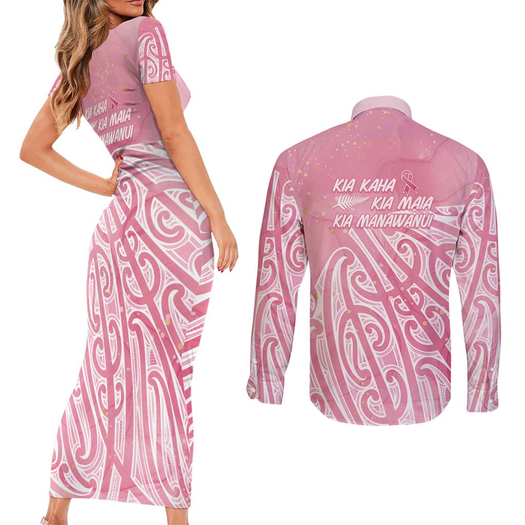 Breast Cancer Awareness Maori Couples Matching Short Sleeve Bodycon Dress and Long Sleeve Button Shirt Kia Kaha Kia Maia Kia Manawanui - Aussie Hoodie