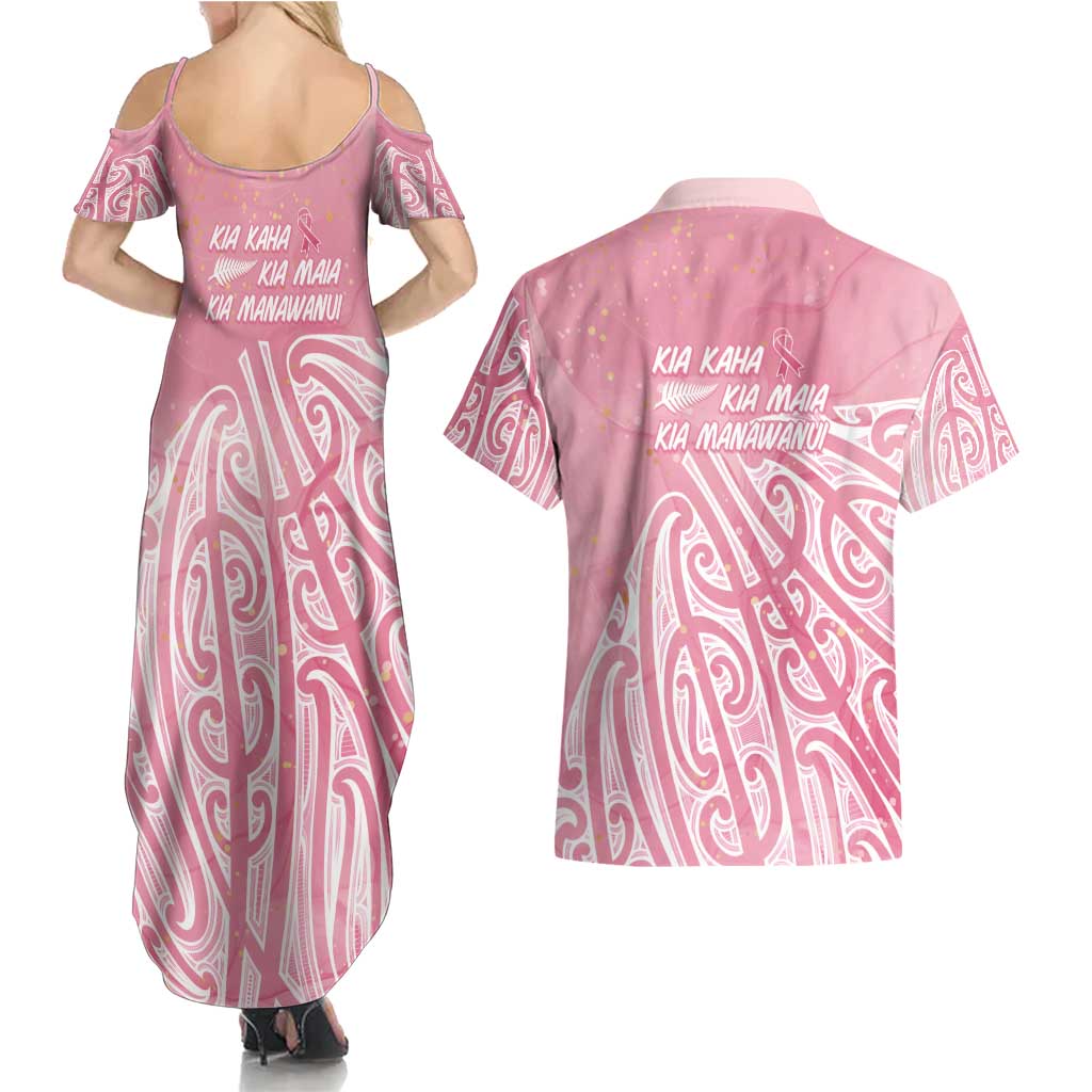 Breast Cancer Awareness Maori Couples Matching Summer Maxi Dress and Hawaiian Shirt Kia Kaha Kia Maia Kia Manawanui - Aussie Hoodie