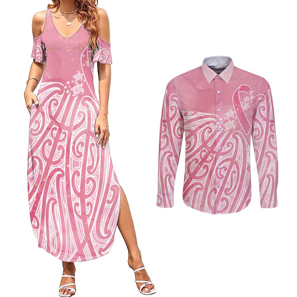 Breast Cancer Awareness Maori Couples Matching Summer Maxi Dress and Long Sleeve Button Shirt Kia Kaha Kia Maia Kia Manawanui - Aussie Hoodie