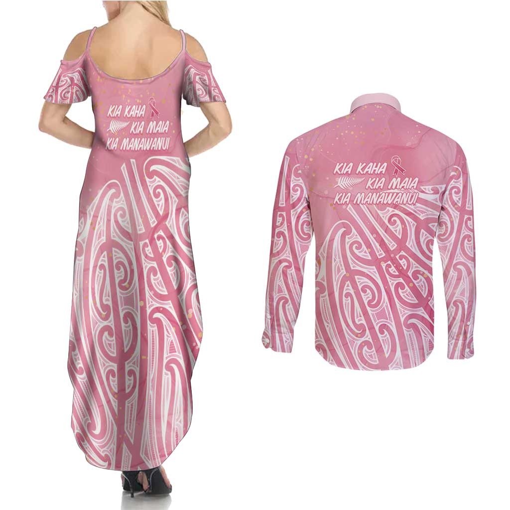 Breast Cancer Awareness Maori Couples Matching Summer Maxi Dress and Long Sleeve Button Shirt Kia Kaha Kia Maia Kia Manawanui - Aussie Hoodie