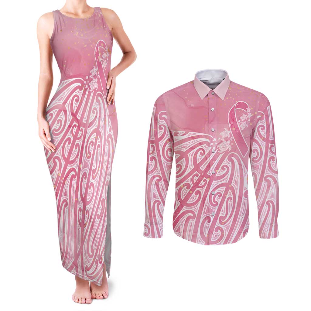 Breast Cancer Awareness Maori Couples Matching Tank Maxi Dress and Long Sleeve Button Shirt Kia Kaha Kia Maia Kia Manawanui - Aussie Hoodie