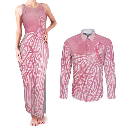Breast Cancer Awareness Maori Couples Matching Tank Maxi Dress and Long Sleeve Button Shirt Kia Kaha Kia Maia Kia Manawanui - Aussie Hoodie