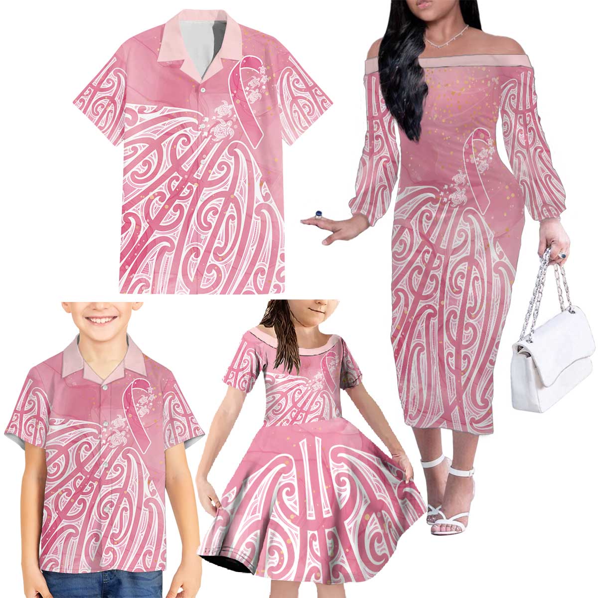 Breast Cancer Awareness Maori Family Matching Off The Shoulder Long Sleeve Dress and Hawaiian Shirt Kia Kaha Kia Maia Kia Manawanui - Aussie Hoodie
